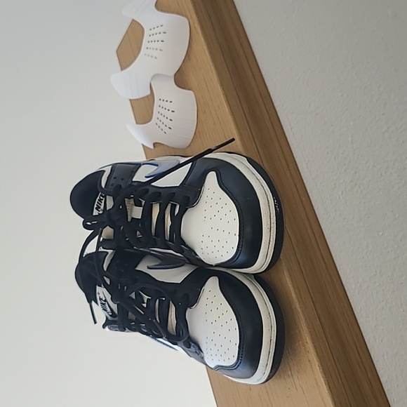 Nike Dunk Low Sneakers Black and White with Blue Swoosh With Crease Guards - Picture 2 of 11